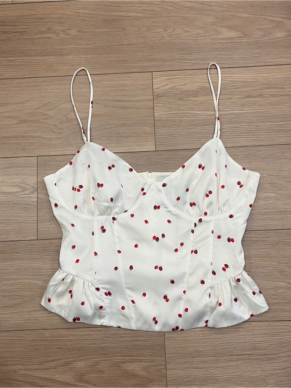 Zara Strawberry Print Corset Peplum Cami Top White Red NWT